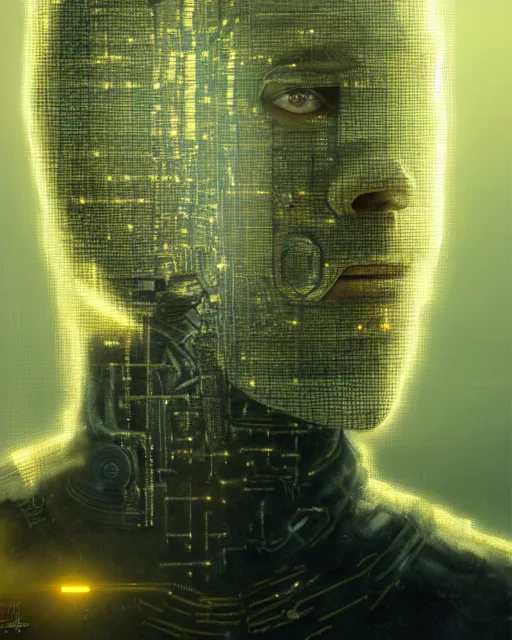 Prompt: man half covered face with cybernetic enhancements made of corn as seen from a distance, scifi character portrait by greg rutkowski, esuthio, craig mullins, 1 / 4 headshot, cinematic lighting, dystopian scifi gear, gloomy, profile picture, mechanical, half robot, implants, solarpunk