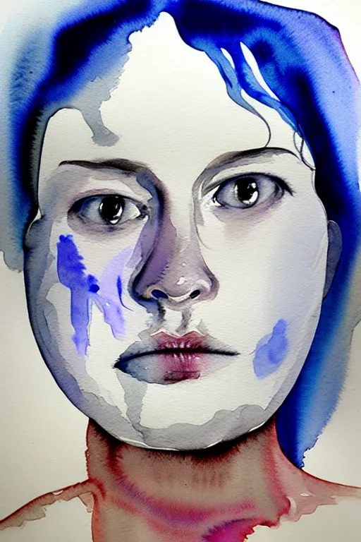 Image similar to watercolor in wet paper, a profile face portrait liquid white of a human white face that melt down flow go runny by marlene dumas, face painted with white thick fluid, detailed watercolor, light colors, grainy, contrast