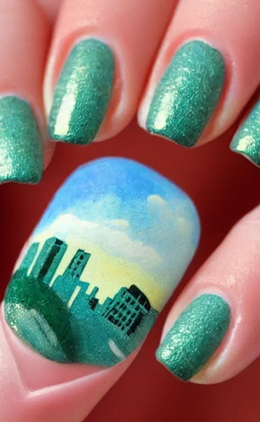 Image similar to fingernail art of tiny glowing cities