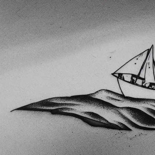 Image similar to A ship on a deserted island, realism tattoo design on white background