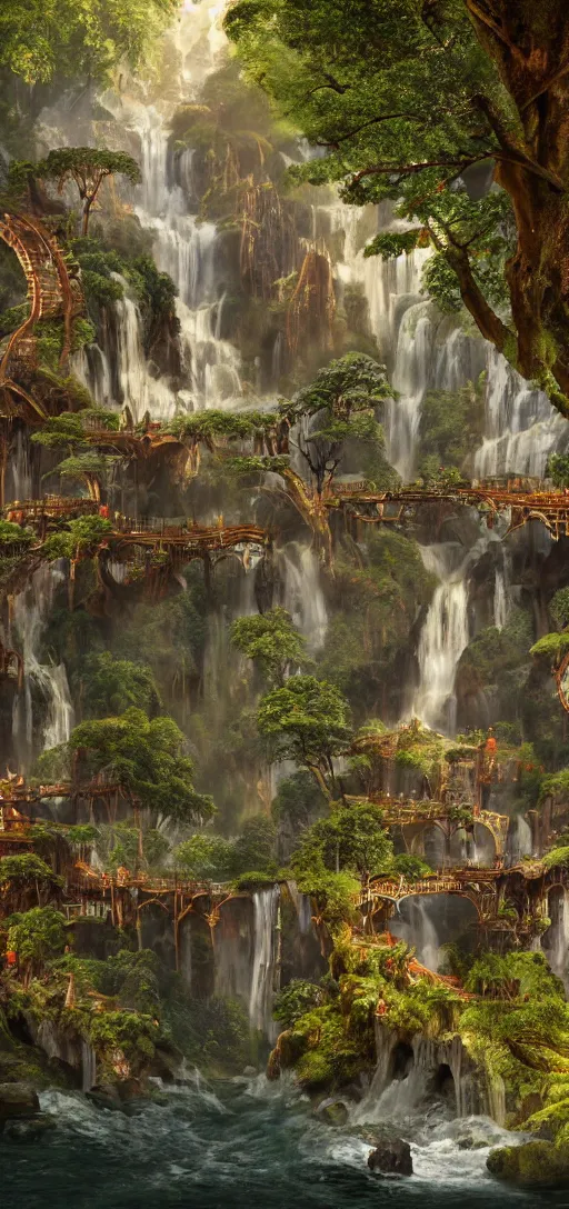 Prompt: wooden elven City with golden roofs, arches and bridges on top of a WATERFALL in the fall, gnarly trees, lush vegetation, forrest, a small stream runs beneath the waterfall, landscape, raphael lacoste, eddie mendoza, alex ross, john howe, concept art, matte painting, highly detailed, rule of thirds, dynamic lighting, cinematic, detailed, denoised, centerd, clean render