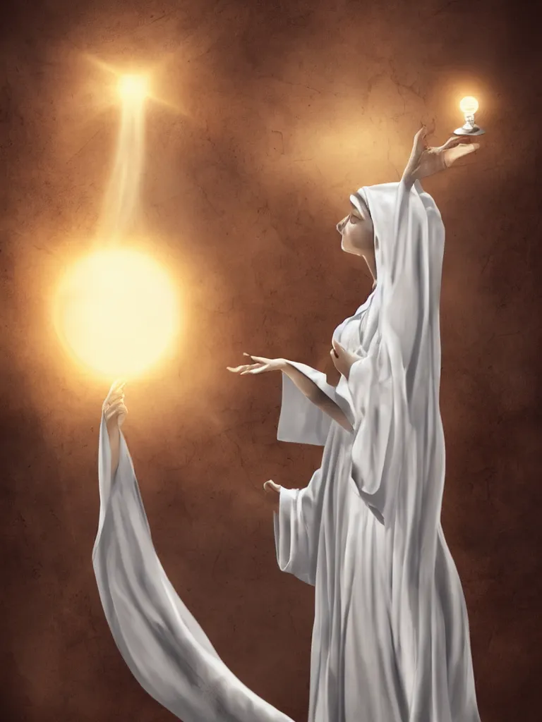 Prompt: Single priestess casting a ball of pure light energy, white robes, young, beautiful, highly detailed, high fantasy, smooth, sharp contrast, matte painting