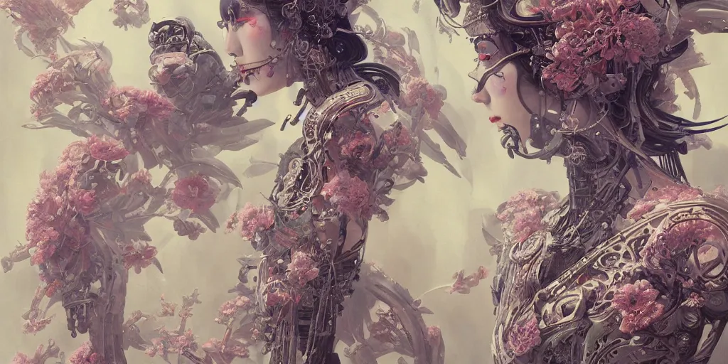 Image similar to breathtaking detailed hellbllade cyborg concept art painting art deco pattern of birds goddesses amalmation flowers, by hsiao ron cheng, tetsuya ichida, bizarre compositions, exquisite detail, extremely moody lighting, 8 k, art nouveau, old chines painting