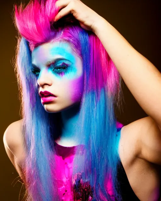 Image similar to a dramatic lighting photo of a beautiful young woman with cotton candy hair. blood splashes with a little bit of cyan and pink