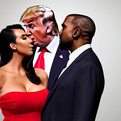 Image similar to donald trump kissing kanye west with tongue, kim kardashian crying in the background