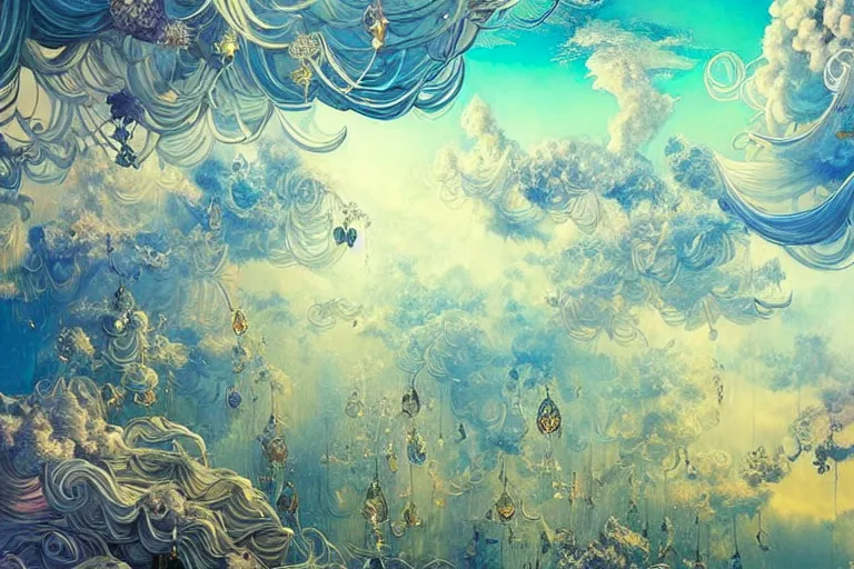 Image similar to a huge flock of many smooth puffy filigreed clouds tangled into whirling ultra detailed crystal specimens, art nouveau jungle environment, playful, award winning art, epic dreamlike fantasy landscape, ultra realistic,