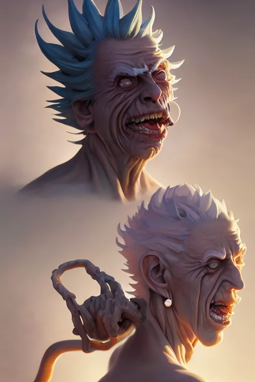 Prompt: rick sanchez, mortyless, hyper detailed, digital art, artstation, natural lighting, studio quality, smooth render, by caravaggio, artgerm, greg rutkowski, peter mohrbacher, hajime sorayama, boris vallejo, craig mullins, fractal lace