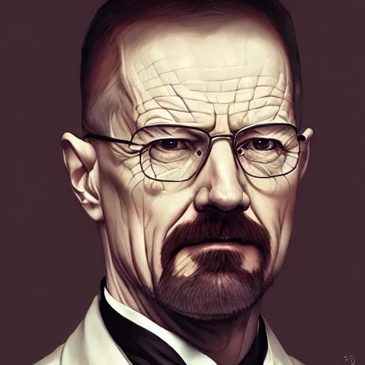 Prompt: portrait of walter white, intricate, elegant, highly detailed, digital painting, artstation, concept art, smooth, sharp focus, illustration, art by artgerm and greg rutkowski and alphonse mucha and william - adolphe bouguereau