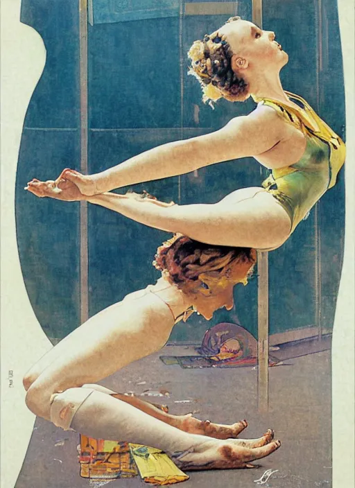 Prompt: an art nouveau illustration of a futuristic girl doing yoga by norman rockwell and john berkey
