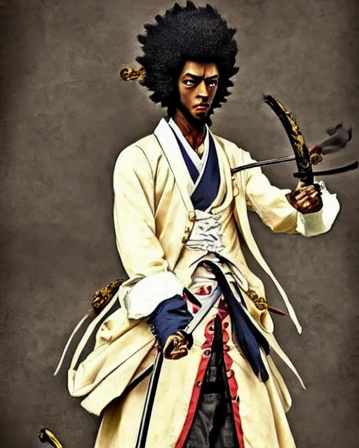 Image similar to afro samurai anime character wearing a beautiful 1 8 th century suit with a tie, rococo style, francois boucher style, highly detailed, very realistic, painterly style