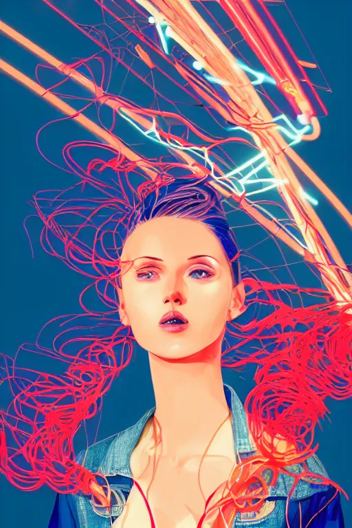 Image similar to a award winning half body portrait of a beautiful woman with stunning eyes in a croptop denim jacket and cargo pants with ombre red orange teal hairstyle head in motion and hair flying while dancing by thomas danthony, surrounded by whirling illuminated lines, outrun, vaporware, shaded flat illustration, digital art, trending on artstation, highly detailed, fine detail, intricate