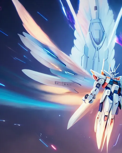 Image similar to highly detailed vfx portrait of an angelic gundam with wings of feathers beam saber fighting in space with a beam gun, unreal engine, greg rutkowski, loish, rhads, beeple, makoto shinkai and lois van baarle, ilya kuvshinov, rossdraws, tom bagshaw, alphonse mucha, global illumination, detailed and intricate environment