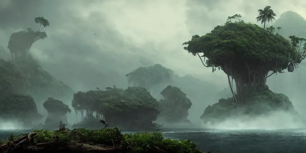 Prompt: screenshot from a movie, epic matte painting of a misty jungle island on choppy seas, fps, cinematic cinematography masterpiece, skull, greg rutkowski, and ivan aivazovski, roger deakins