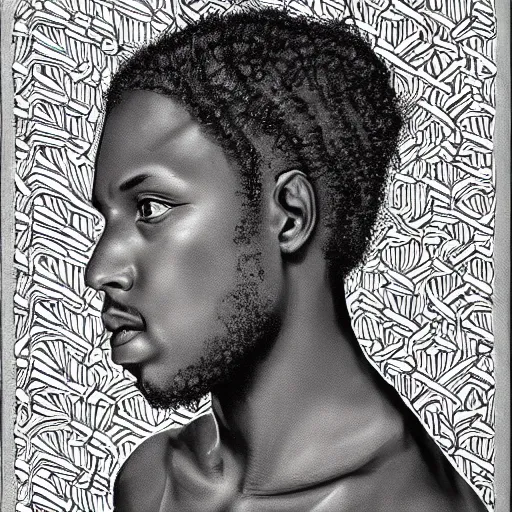 Image similar to contemplative black man with twists, beautiful, intricate details, east african, art by jose miguel