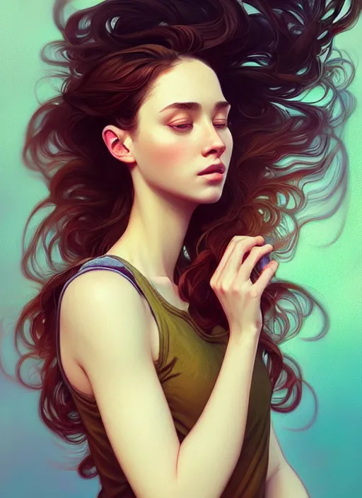 Image similar to handsome young women with shoulder length brown hair, half body shot, path traced, highly detailed, high quality, digital painting, alena aenami, lilia alvarado, shinji aramaki, karol bak, alphonse mucha, tom bagshaw