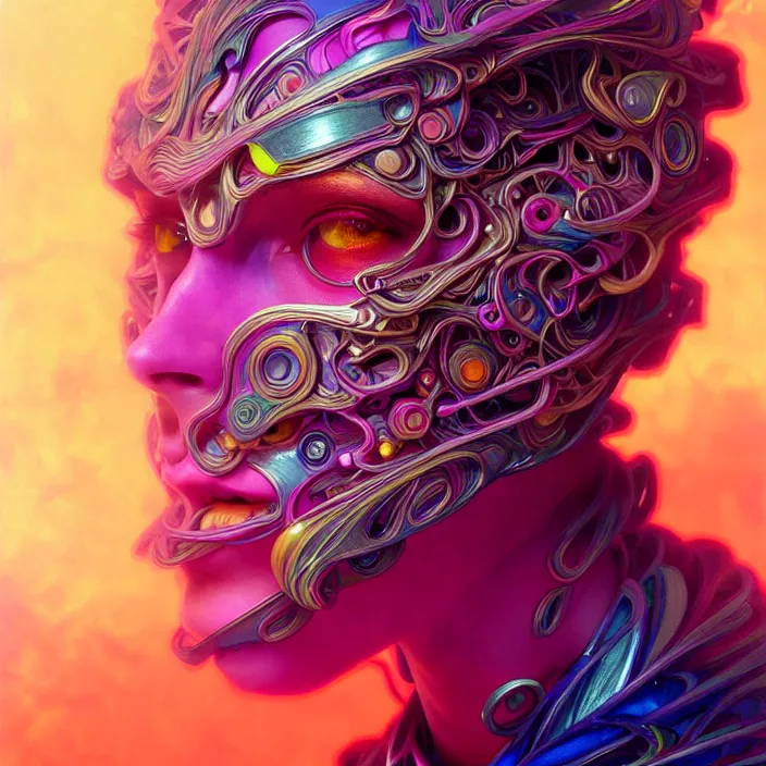 Image similar to bright psychedelic portrait of organic cyborg, wings, volumetric smoke, diffuse lighting, fantasy, intricate, elegant, highly detailed, lifelike, photorealistic, digital painting, artstation, illustration, concept art, smooth, sharp focus, art by John Collier and Albert Aublet and Krenz Cushart and Artem Demura and Alphonse Mucha