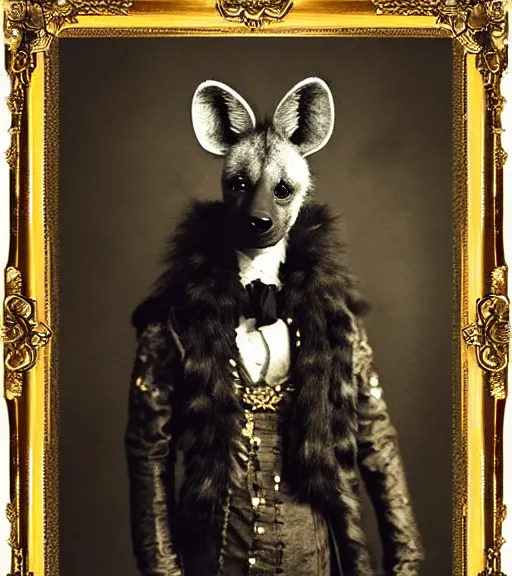 Image similar to professional studio photo portrait of anthro anthropomorphic spotted hyena head animal person fursona smug smiling wearing elaborate pompous royal king robes clothes gold frame by Louis Daguerre daguerreotype tintype