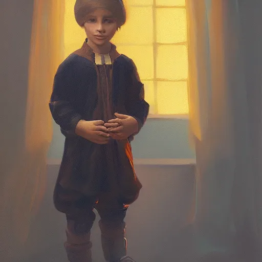 Prompt: a beautiful portrait of a young prince posing in an orange studio, realistic 4k UHD oil painting in the style of james gurney, greg rutkowski, and johannes vermeer