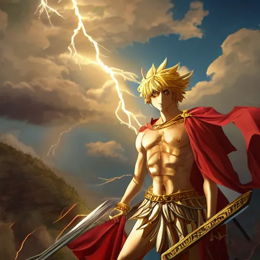 Prompt: full body art of alexander the great surrounded by the lightning pillar of zeus, anime fantasy illustration by tomoyuki yamasaki, kyoto studio, madhouse, ufotable, square enix, cinematic lighting, trending on artstation