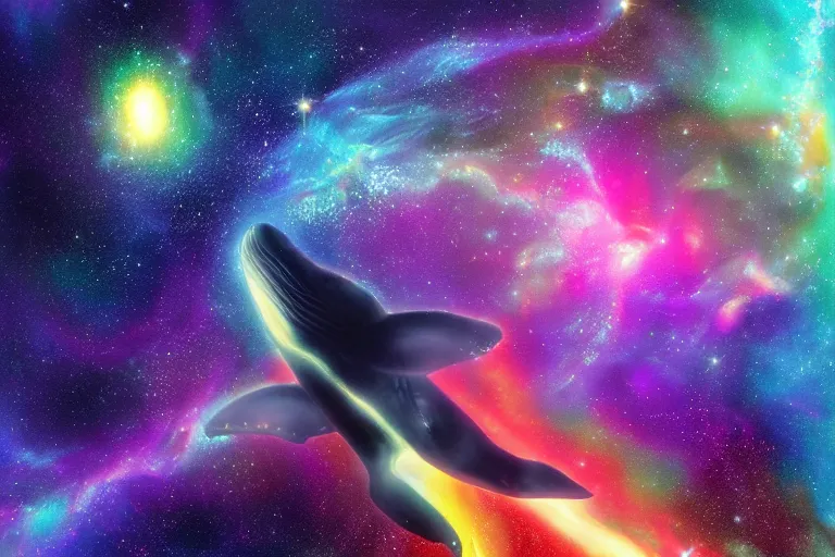 Image similar to a cosmic humpback whale swimming through a colorful space nebula with a black hole, event horizon, digital art, photorealistic