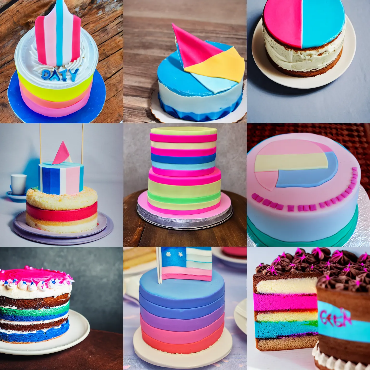 Prompt: cake with the trans flag on it, blue pink white flag, detailed cute, HD food photography