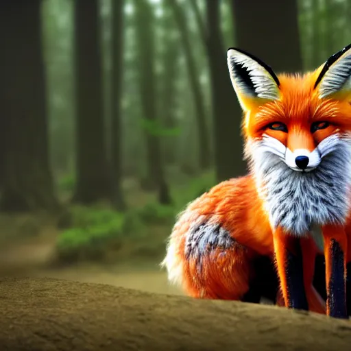 Image similar to photographic render of a fox with foxes on the background of the forest hyperrealistic 8k, very detailed