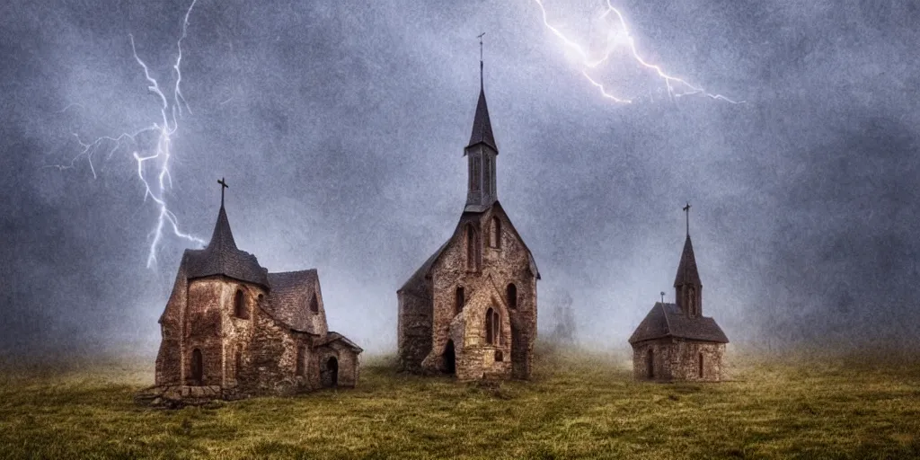 Prompt: artwork of small village church in rural Transylvania, wooden rundown church, arid land with barren vegetation, stone castle in far background, fog, volumetric lightning, digital artwork, realistic, atmospheric, 8k, gloomy,