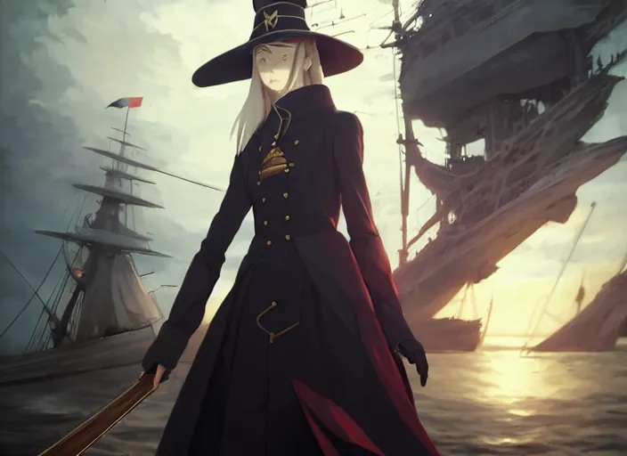 Image similar to portrait of lady maria, helm of second world war warship in background, illustration concept art anime key visual trending pixiv fanbox by wlop and greg rutkowski and makoto shinkai and studio ghibli and kyoto animation, astral witch clothes, steampunk, realistic anatomy, grimdark, volumetric lighting