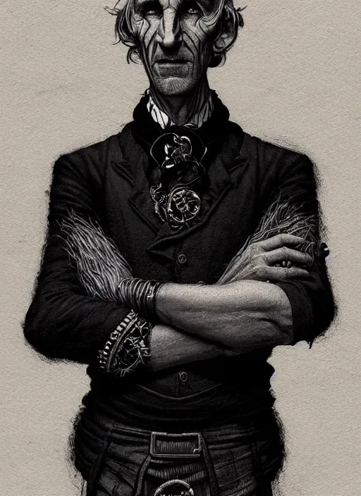 Prompt: portrait of a gaelic man with a crooked nose and a confident expression, 1 9 6 0 s, black clothes, goth, punk, funk, intricate, elegant, highly detailed, digital painting, artstation, concept art, smooth, sharp focus, illustration, art by wlop, mars ravelo and greg rutkowski