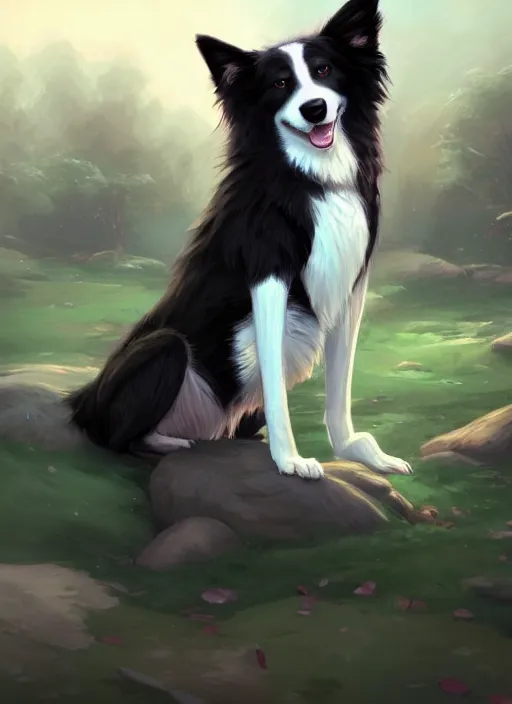 Image similar to wide angle full body portrait of a cute male anthropomorphic border collie fursona wearing a jacket in front of a park, character design by charlie bowater, henry asencio, and ross tran, furry art, furaffinity, scenic background, intricate, elegant, beautiful, fantasy, glamor pose, detailed, trending on artstation