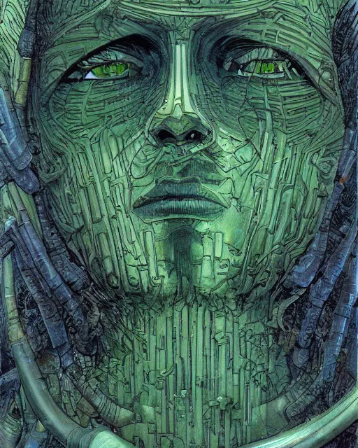 Prompt: cyborg portrait, organic overgrowth, jean giraud, andre shulze