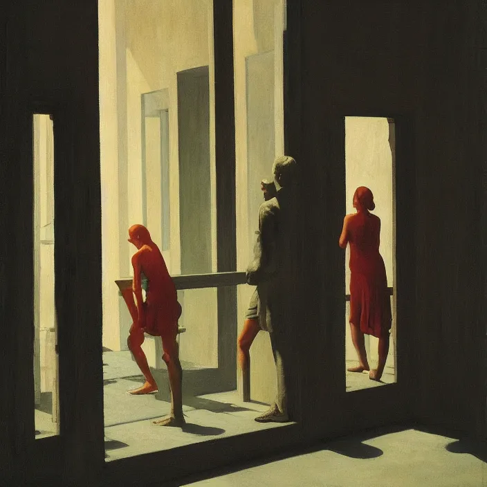 Image similar to people inside roman museum looking through the window Edward Hopper and James Gilleard, Zdzislaw Beksinski, highly detailed