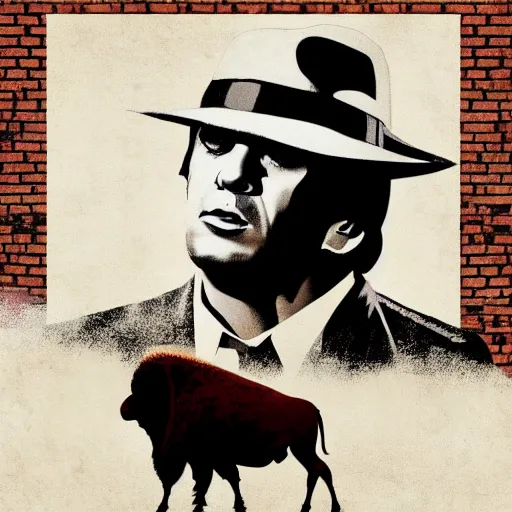 Image similar to a buffalo in the streets surrounded by bricks of flour digital illustration poster scarface, godfather, 8 k