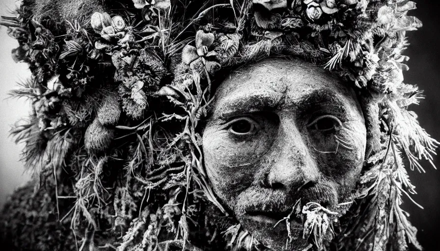 Image similar to portrait of a tyrolean folklore mask, dolomite, forest, wearing hay coat, with horns, eerie, flowers growing out of his body, detailed intricate insanely detailed octane render, 8k artistic 1920s photography, black and white, grainy, photorealistic, chiaroscuro, by David Cronenberg, Raphael, Caravaggio