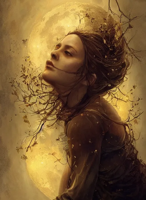 Image similar to golden leaves at frame border, creative composition for a book cover, moon, beautiful portrait painting by jeremy mann, a female witch absurdly beautiful, ultrafine hyperrealistic detailed face by wlop and artgerm and greg rutkowski, intricate linework, sharp focus, smooth, octopath traveler, final fantasy, unreal engine, dramatic lighting, ethereal, 8 k