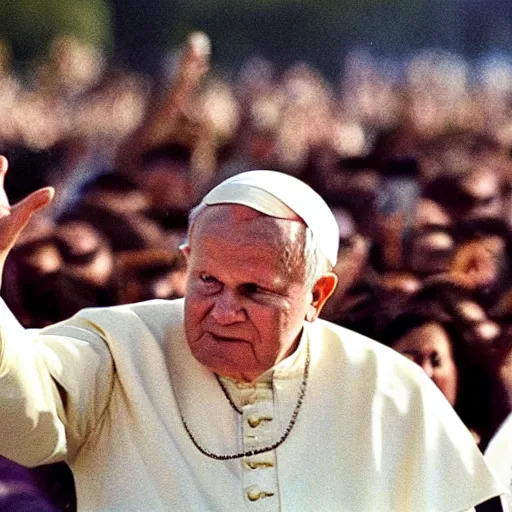 Prompt: a high-quality photo of john paul II doing a sick drift in his popemobile