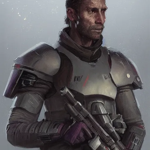 Image similar to portrait of a man by greg rutkowski, a soldier of the galactic dominion, wearing a gray and purple tactical gear, star wars expanded universe, highly detailed portrait, digital painting, artstation, concept art, smooth, sharp foccus ilustration, artstation hq