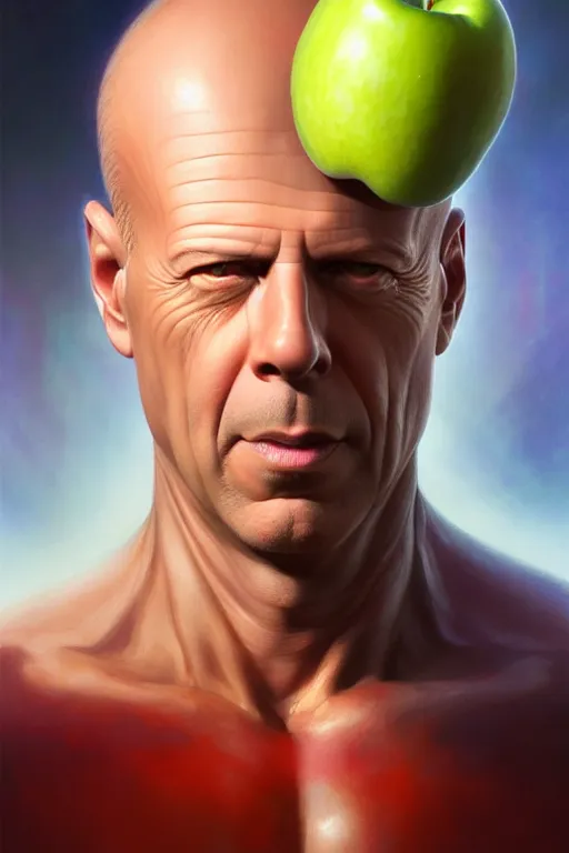 Prompt: bruce willis head inside an apple, hyper detailed, digital art, artstation, cinematic lighting, studio quality, smooth render, by peter mohrbacher, hajime sorayama, wayne barlowe, boris vallejo, aaron horkey, gaston bussiere, craig mullins