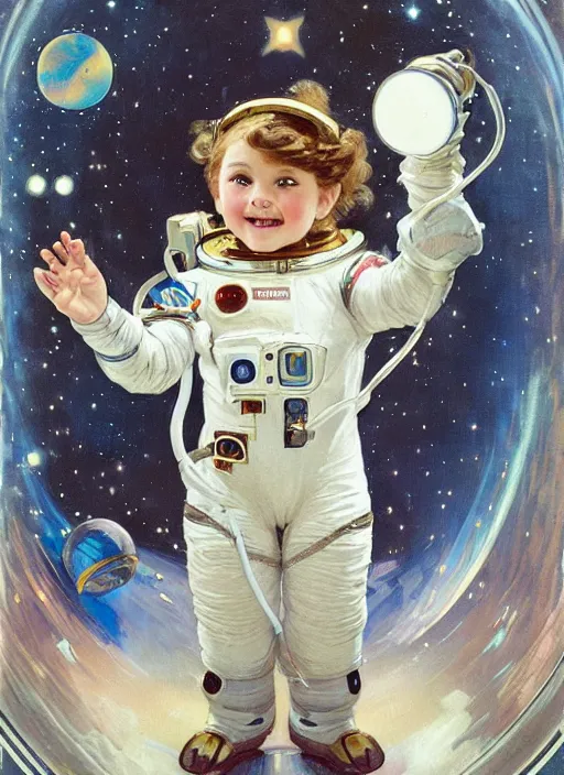 Image similar to a cute little girl with a round cherubic face, blue eyes, and short wavy light brown hair smiles as she floats in space with stars all around her. she is an astronaut, wearing a space suit. beautiful painting with highly detailed face by alphonse mucha and artgerm and greg rutkowski