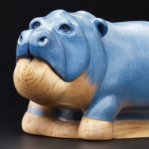 Image similar to a small hippo statue carved from natural wood, dipped in polished blue ceramic, half and half, mixed media, side view