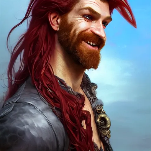 Image similar to portrait of a young ruggedly handsome but joyful pirate, male, masculine, upper body, red crimson hair, long long flowing hair, fantasy, proud smirk, intricate, elegant, highly detailed, digital painting, artstation, concept art, matte, sharp focus, illustration, art by artgerm and greg rutkowski and alphonse mucha