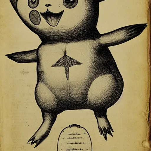 Image similar to anatomical drawing of Pikachu, with organs labeled, 16th century medical textbook