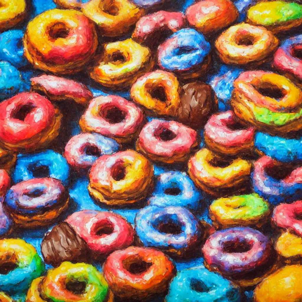 Prompt: colored donuts, chocolate, expressive impressionist style, painted with a palette knife, in the style of william schneider, dreamy, soft, backlight, luminescence, highly detailed, 8 k