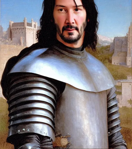 Prompt: keanu reeves in medieval armour, bouguereau and waterhouse