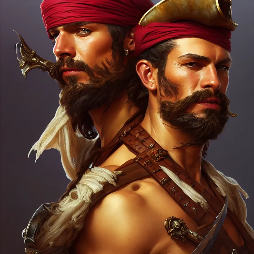 Image similar to , portrait of a 1 male pirate captain of the desert, muscular upper body, D&D, fantasy, intricate, elegant, highly detailed, digital painting, artstation, concept art, smooth, sharp focus, illustration, art by artgerm and greg rutkowski and alphonse mucha