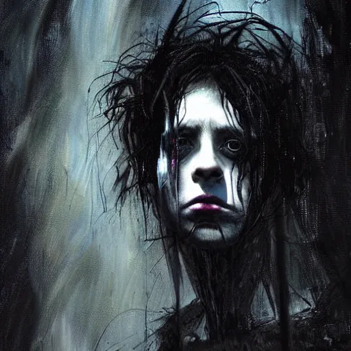 Image similar to stunning portrait of gaunt ( the cure fan ) as dream from sandman, dim stars as eyes, by jeremy mann, by cedric peyravernay, by by russ mills, by richard avedon and ben templesmith, dramatic lightning, sadness, dark eye sockets, in the shadows, punk rock, gothic, high detailed, 8 k