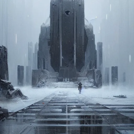 Image similar to star wars concept art by greg rutkowski, a brutalist - looking and imposing temple in the middle of a snowy, dark and hostile landscape, strong blizzards, poor lighting, evil atmosphere, artstation hq.