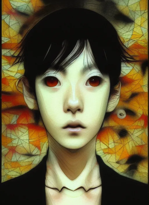 Image similar to yoshitaka amano blurred and dreamy realistic three quarter angle portrait of a young woman with short hair and black eyes wearing office suit with tie, junji ito abstract patterns in the background, satoshi kon anime, noisy film grain effect, highly detailed, renaissance oil painting, weird portrait angle, blurred lost edges