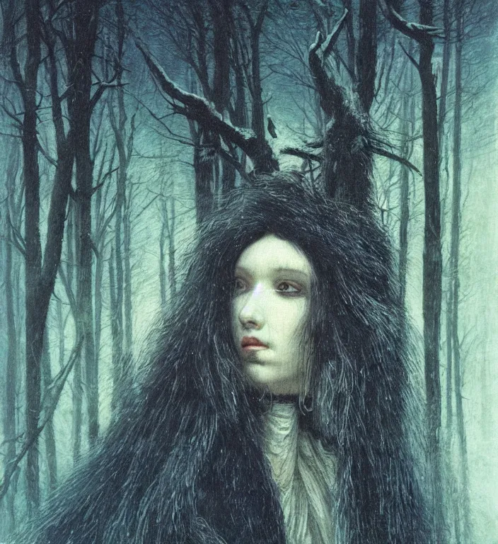 Prompt: extreme closeup portrait of a beautiful white raven woman with long white hair in the winter forest, volume light, fog by caspar david friedrich by ( h. r. giger ) and paul lehr