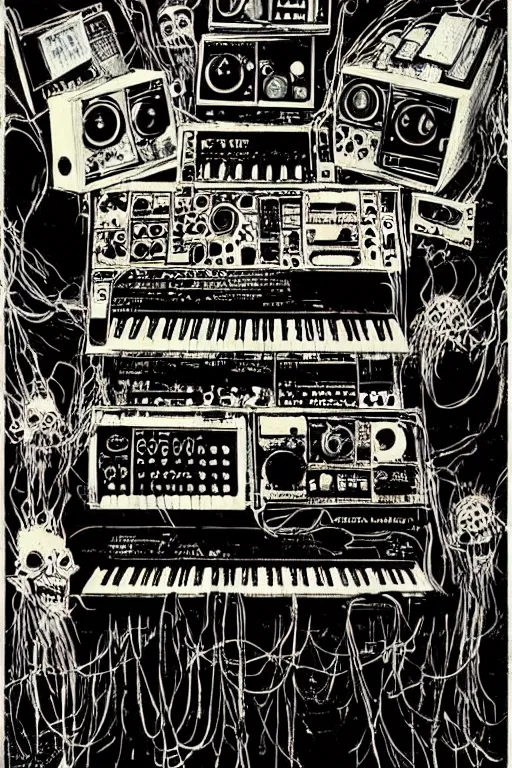 Prompt: synthesizer from hell by ralph steadman